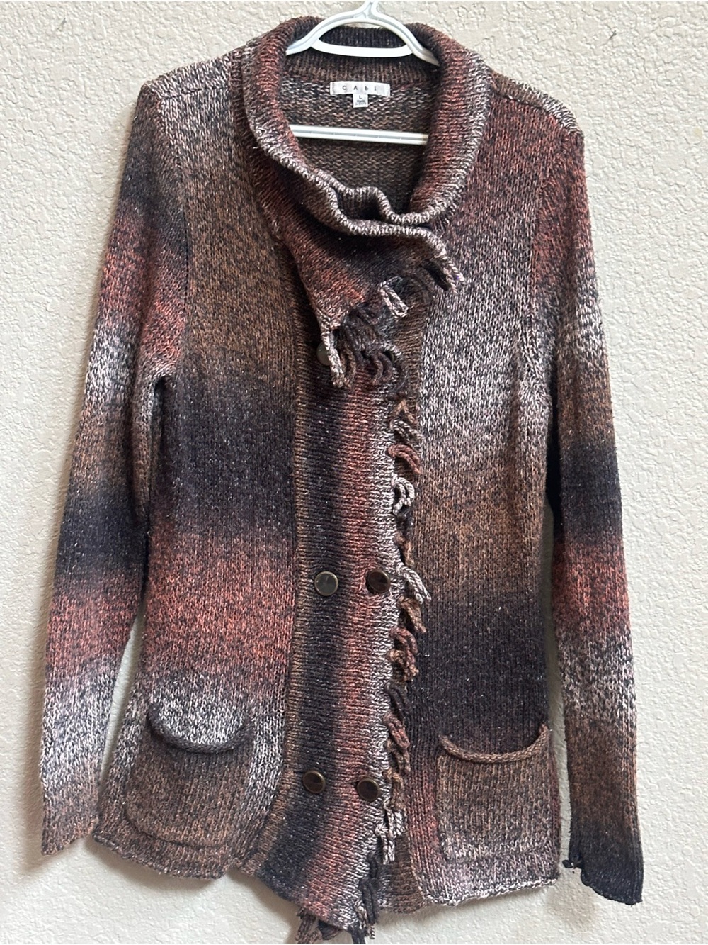CAbi Frontier Fringe Cardigan Sweater Large Brown Black Ombre Boho Western Knit